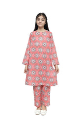 Plum Fine Lawn Peach Orange Colour Printed Yellow Green Patterns On 2 pc suit For Girls.